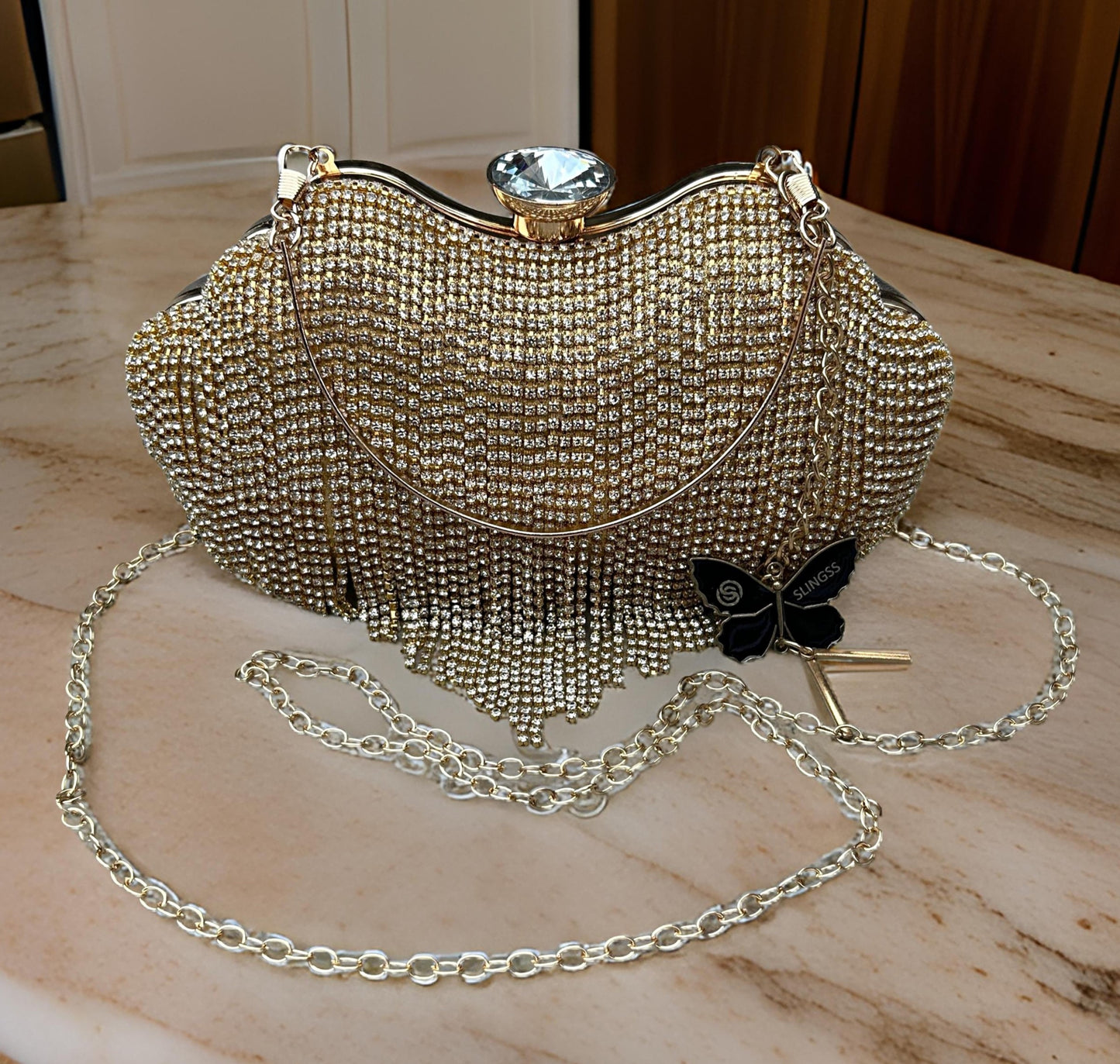 Slingss Exclusive Premium Heart Shape Golden Partywear Embroidered Clutch For Ladies With Handle & Long Chain