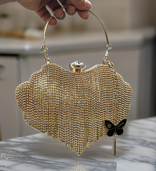 Slingss Exclusive Premium Heart Shape Golden Partywear Embroidered Clutch For Ladies With Handle & Long Chain