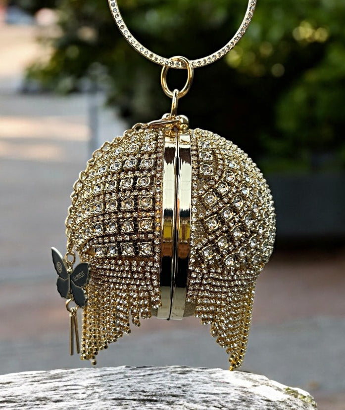 Slingss Exclusive Premium Ball Shaped Partywear Embroidered Clutch For Ladies With Gold Handle & Long Chain