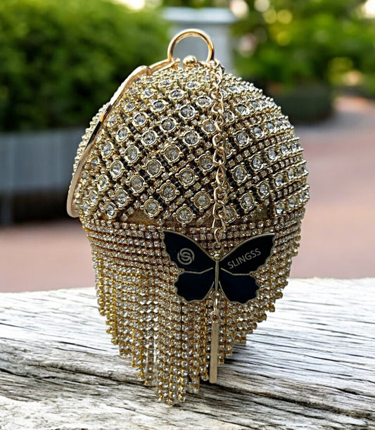 Slingss Exclusive Premium Ball Shaped Partywear Embroidered Clutch For Ladies With Gold Handle & Long Chain