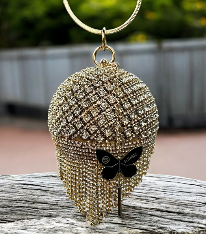 Slingss Exclusive Premium Ball Shaped Partywear Embroidered Clutch For Ladies With Gold Handle & Long Chain