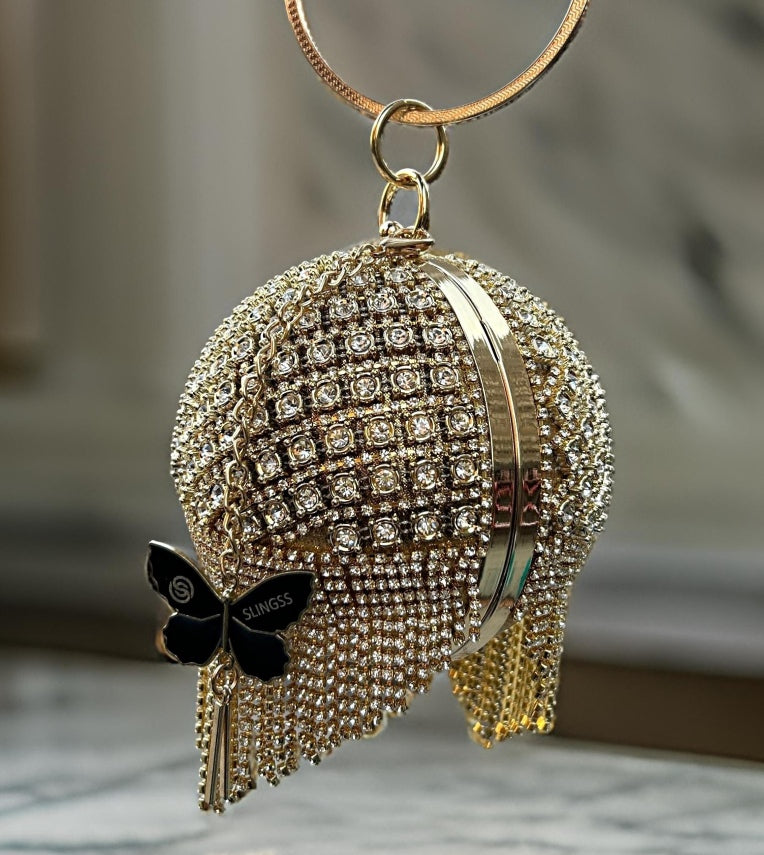 Slingss Exclusive Premium Ball Shaped Partywear Embroidered Clutch For Ladies With Gold Handle & Long Chain