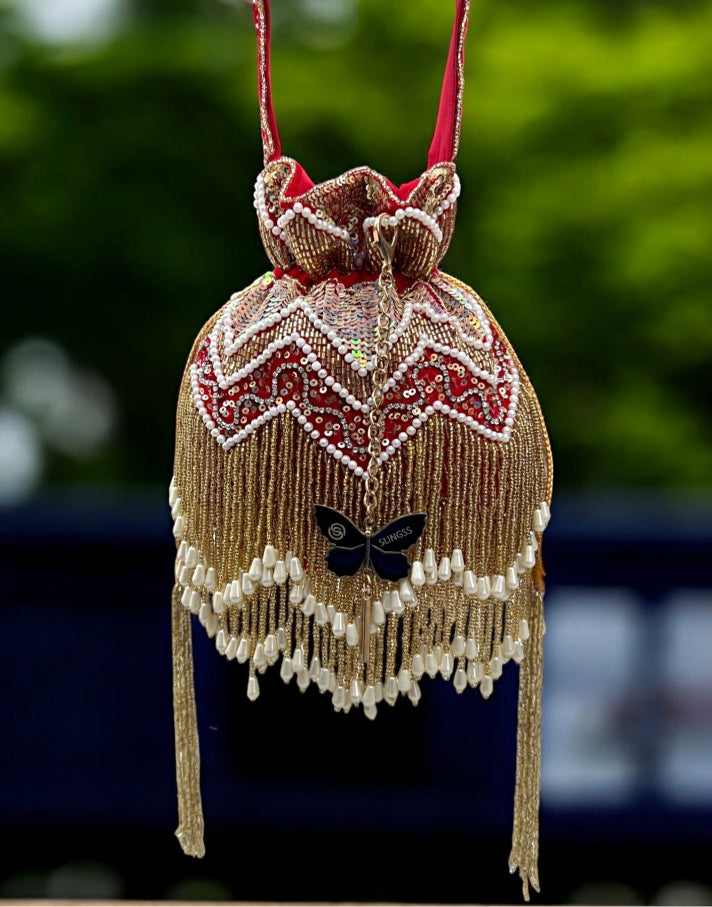 Slingss Exclusive Luxury Range Double Side Jhallar Embroidered Partywear Potli For Ladies With Handle