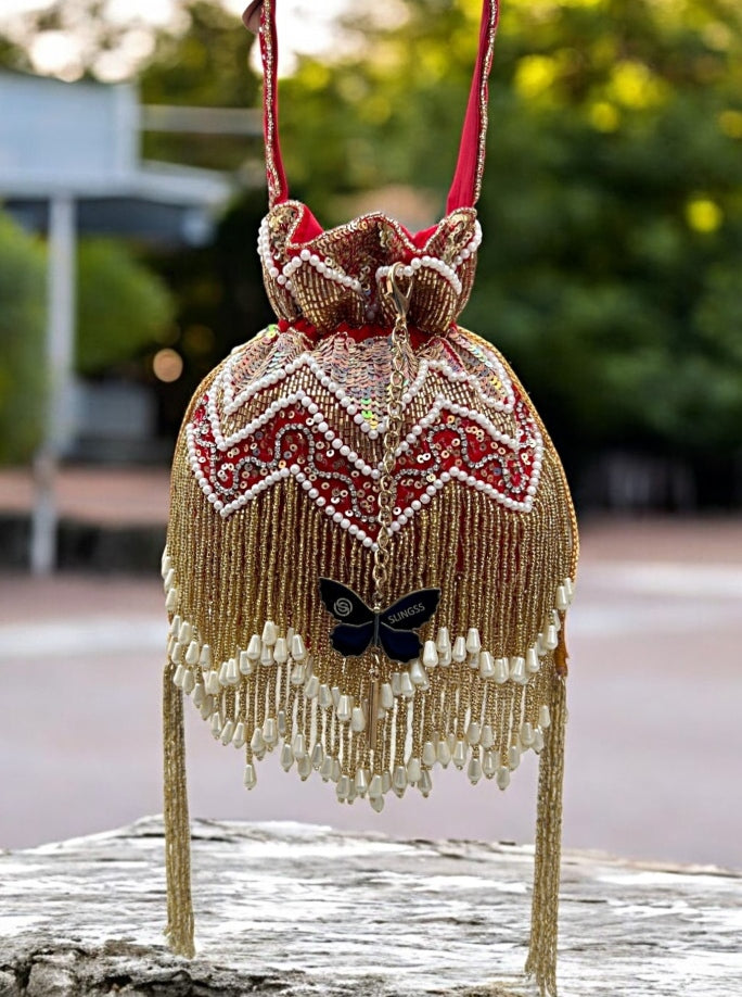 Slingss Exclusive Luxury Range Double Side Jhallar Embroidered Partywear Potli For Ladies With Handle