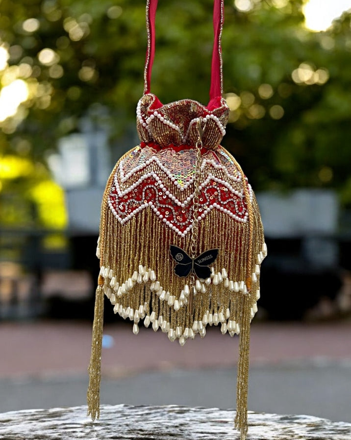 Slingss Exclusive Luxury Range Double Side Jhallar Embroidered Partywear Potli For Ladies With Handle