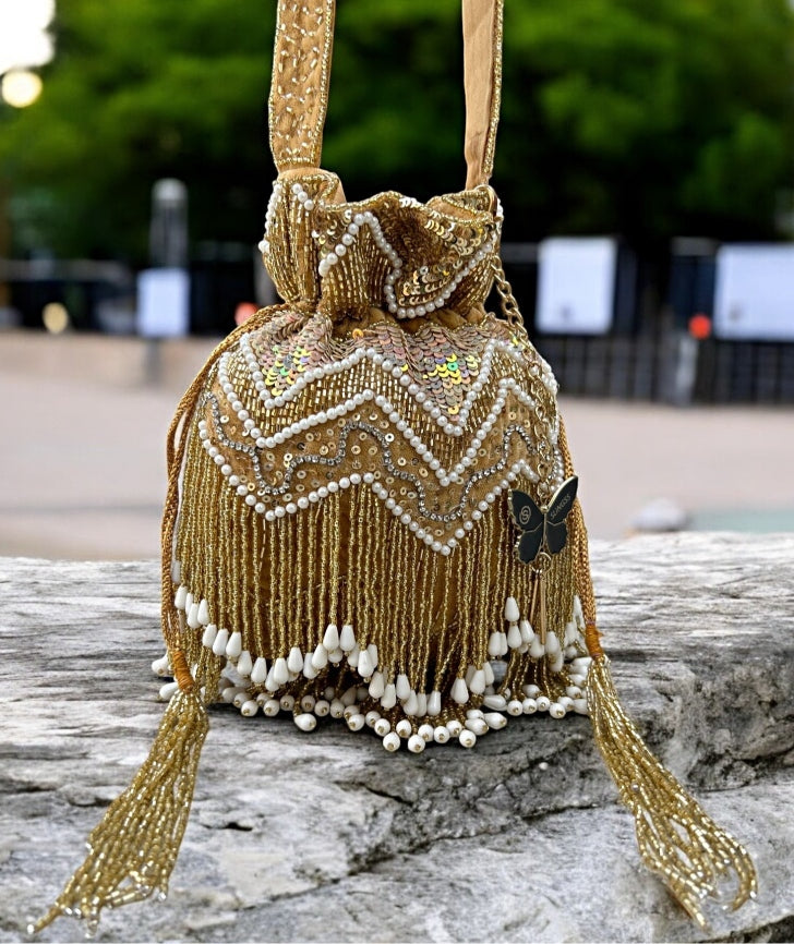 Slingss Exclusive Luxury Range Double Side Jhallar Embroidered Partywear Potli For Ladies With Handle