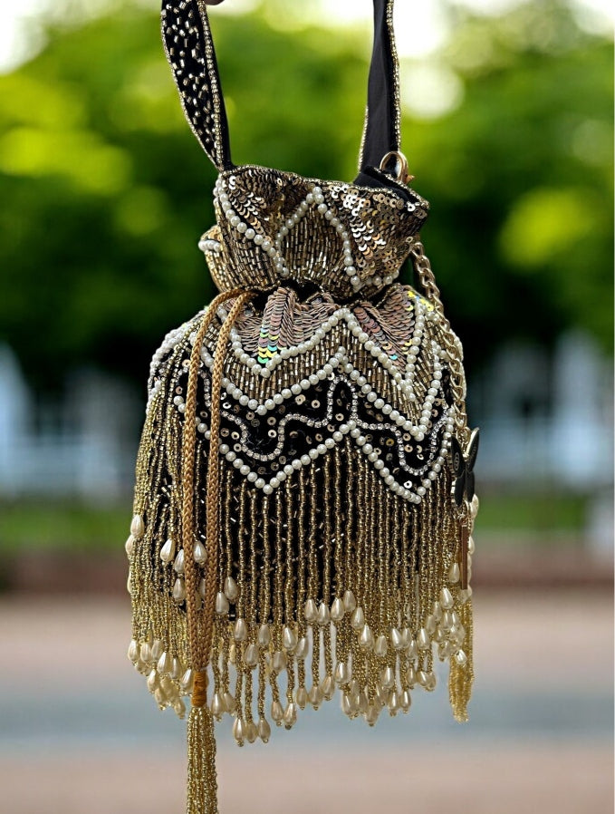 Slingss Exclusive Luxury Range Double Side Jhallar Embroidered Partywear Potli For Ladies With Handle