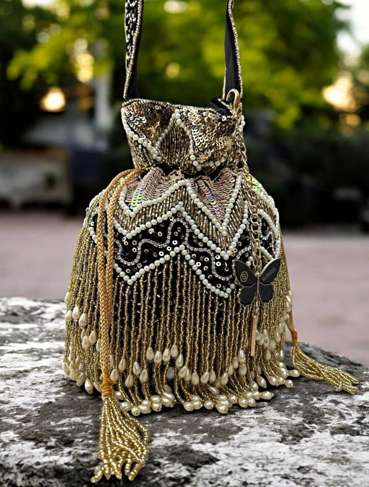 Slingss Exclusive Luxury Range Double Side Jhallar Embroidered Partywear Potli For Ladies With Handle