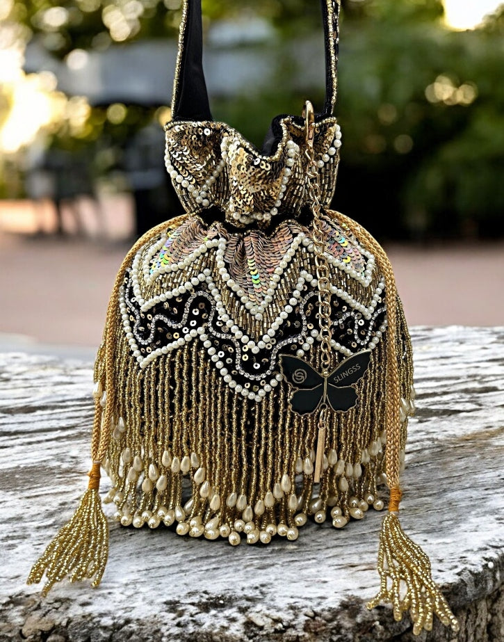 Slingss Exclusive Luxury Range Double Side Jhallar Embroidered Partywear Potli For Ladies With Handle