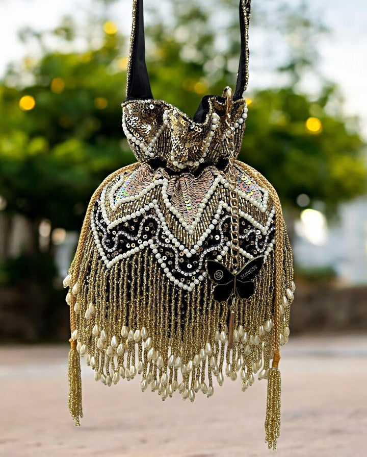 Slingss Exclusive Luxury Range Double Side Jhallar Embroidered Partywear Potli For Ladies With Handle