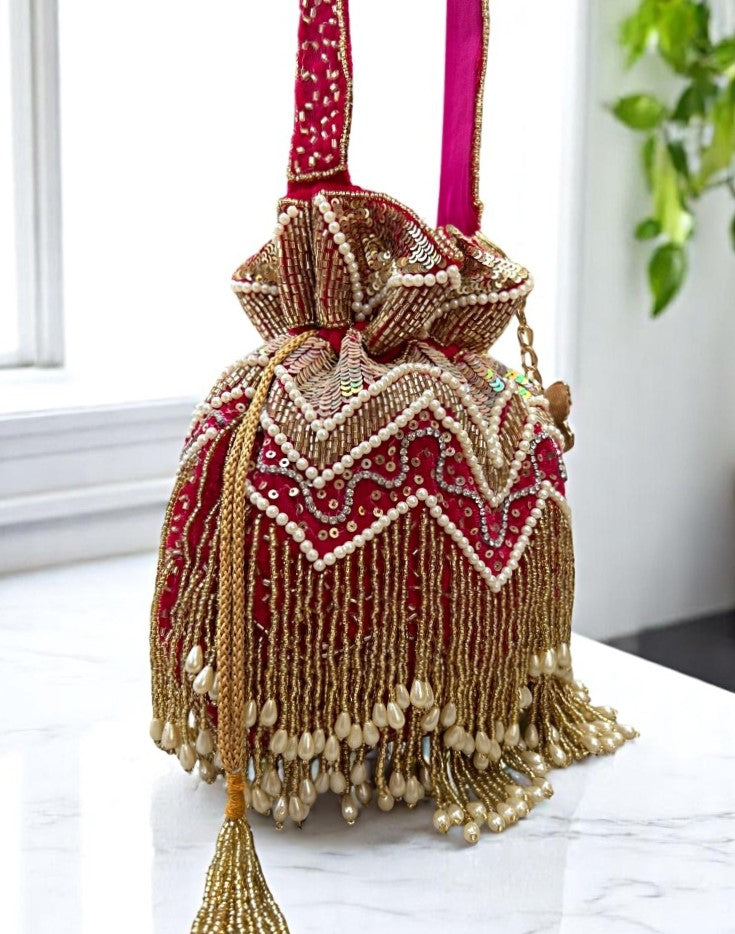 Slingss Exclusive Luxury Range Double Side Jhallar Embroidered Partywear Potli For Ladies With Handle