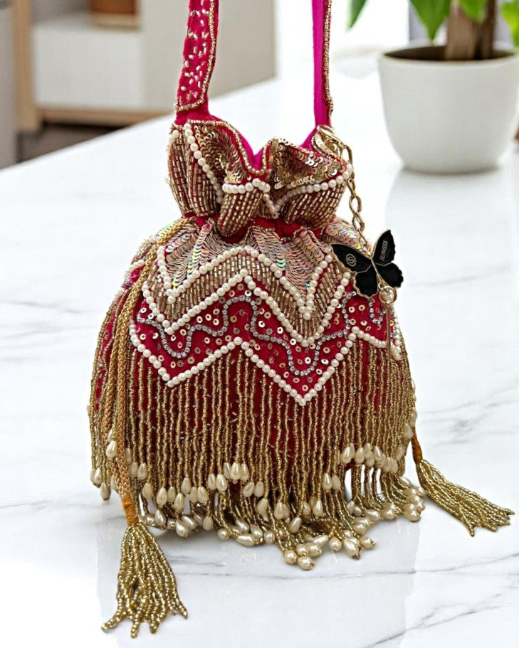 Slingss Exclusive Luxury Range Double Side Jhallar Embroidered Partywear Potli For Ladies With Handle