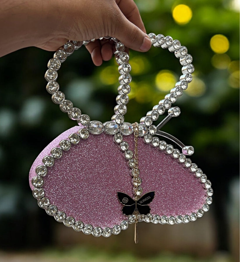 Slingss Exclusive Premium Sparkle Butterfly Shaped Partywear Diamond Embroidered Handbag For Ladies