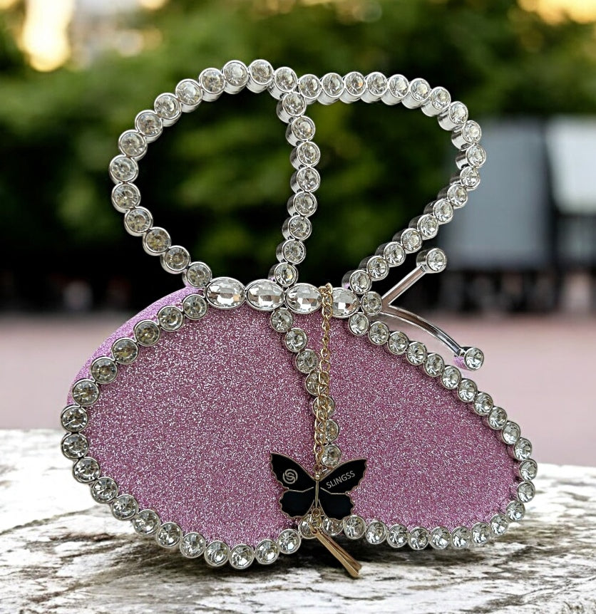 Slingss Exclusive Premium Sparkle Butterfly Shaped Partywear Diamond Embroidered Handbag For Ladies