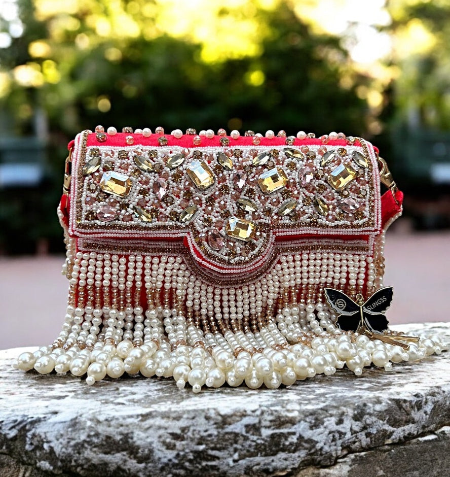 Slingss Luxury Range White Beads Hanging Diamond Embroidered Partywear Handbag For Ladies With Handle