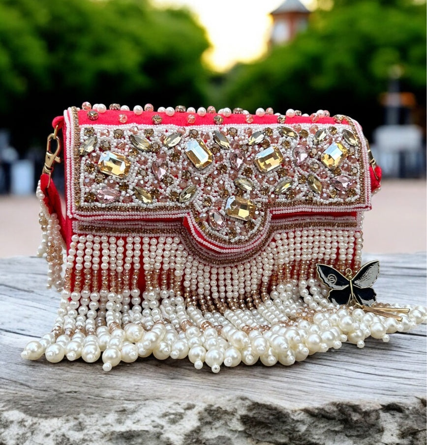 Slingss Luxury Range White Beads Hanging Diamond Embroidered Partywear Handbag For Ladies With Handle