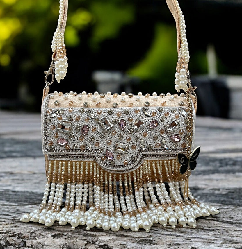 Slingss Luxury Range White Beads Hanging Diamond Embroidered Partywear Handbag For Ladies With Handle
