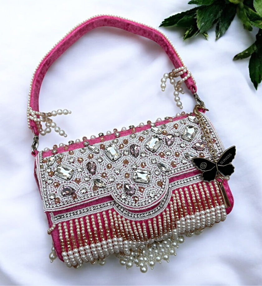 Slingss Luxury Range White Beads Hanging Diamond Embroidered Partywear Handbag For Ladies With Handle