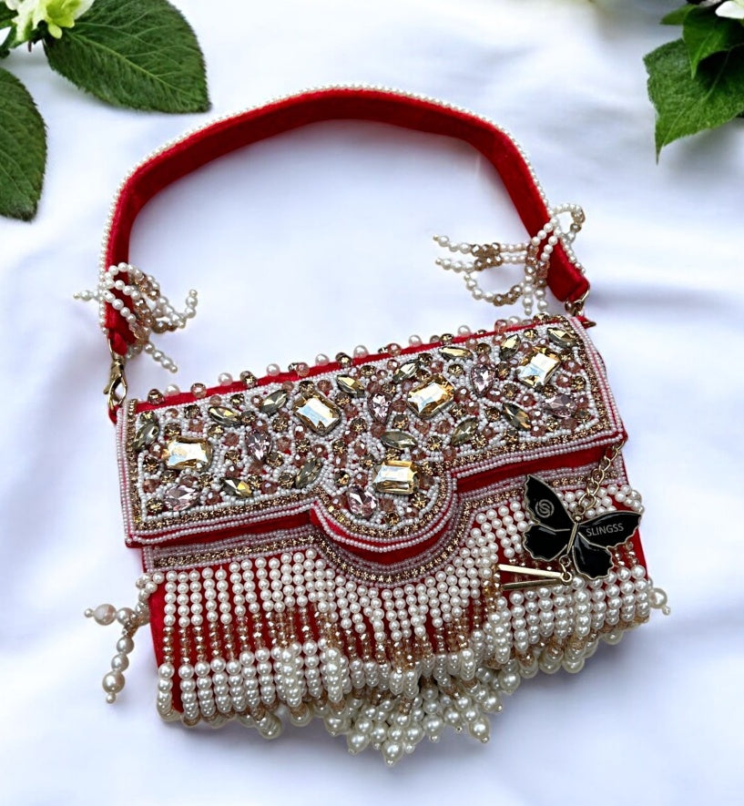 Slingss Luxury Range White Beads Hanging Diamond Embroidered Partywear Handbag For Ladies With Handle