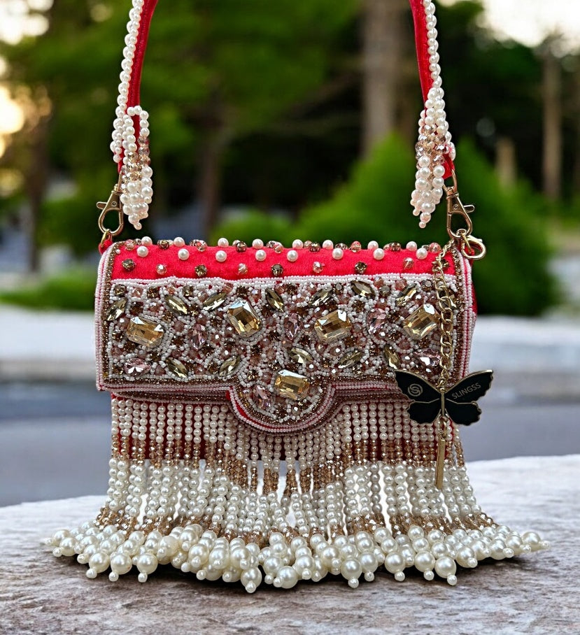 Slingss Luxury Range White Beads Hanging Diamond Embroidered Partywear Handbag For Ladies With Handle