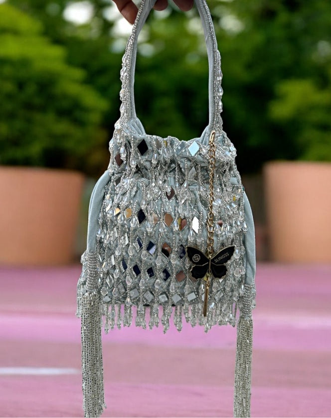 Slingss Exclusive Luxury Range Mirror Embroidered Jhallar Partywear Potli For Ladies With Handle