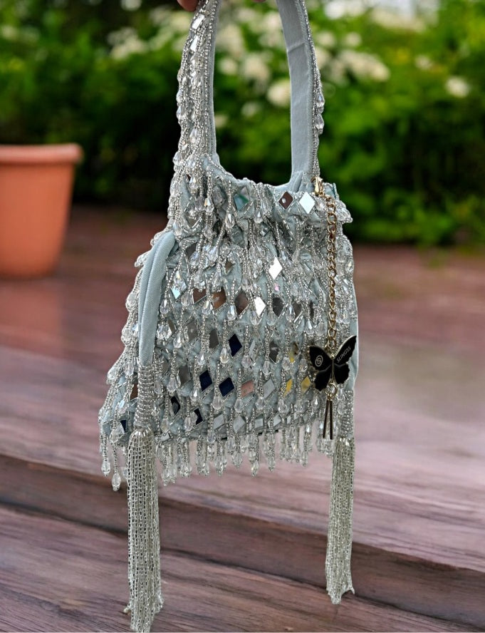 Slingss Exclusive Luxury Range Mirror Embroidered Jhallar Partywear Potli For Ladies With Handle