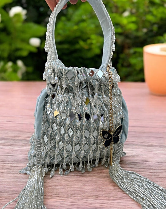 Slingss Exclusive Luxury Range Mirror Embroidered Jhallar Partywear Potli For Ladies With Handle