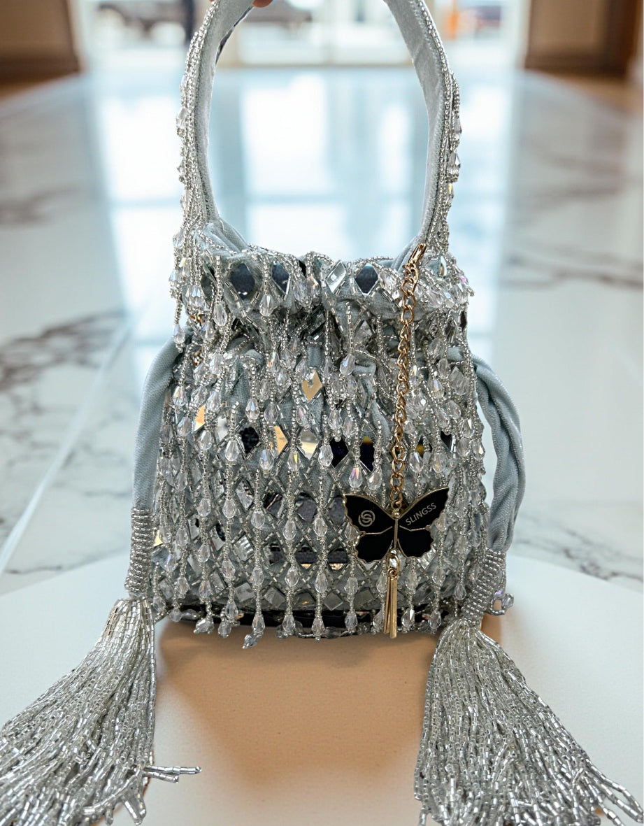 Slingss Exclusive Luxury Range Mirror Embroidered Jhallar Partywear Potli For Ladies With Handle