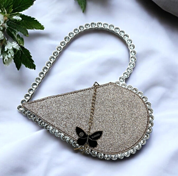 Slingss Exclusive Premium Heart Shape Partywear Diamond Embroidered Handbag For Ladies