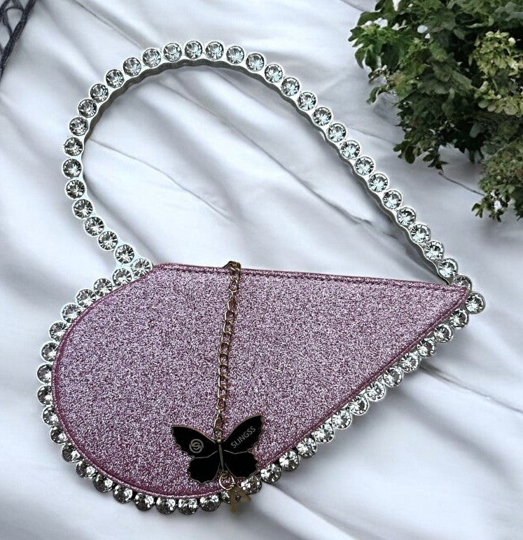 Slingss Exclusive Premium Heart Shape Partywear Diamond Embroidered Handbag For Ladies