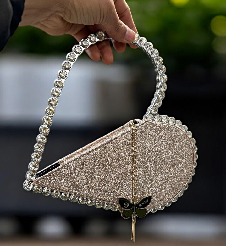 Slingss Exclusive Premium Heart Shape Partywear Diamond Embroidered Handbag For Ladies