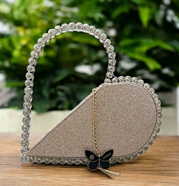 Slingss Exclusive Premium Heart Shape Partywear Diamond Embroidered Handbag For Ladies