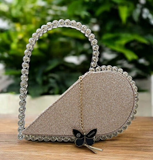 Slingss Exclusive Premium Heart Shape Partywear Diamond Embroidered Handbag For Ladies