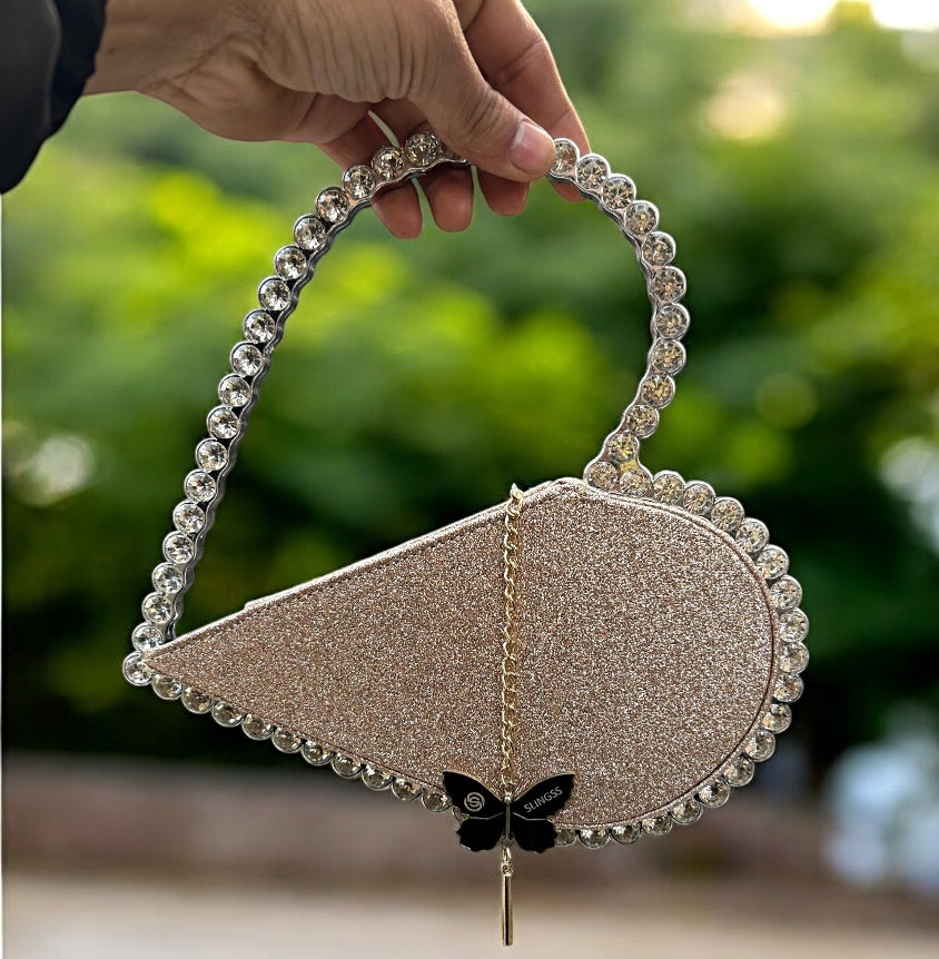 Slingss Exclusive Premium Heart Shape Partywear Diamond Embroidered Handbag For Ladies