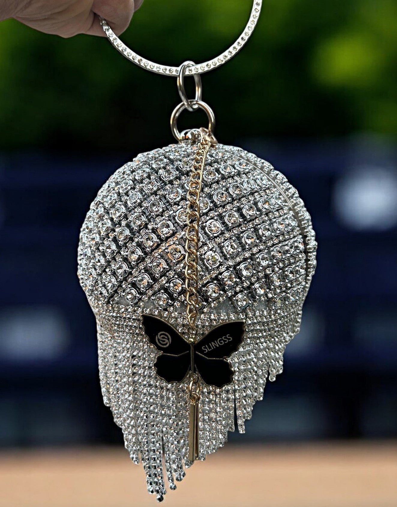 Slingss Exclusive Premium Ball Shaped Partywear Embroidered Clutch For Ladies With Silver Handle & Long Chain