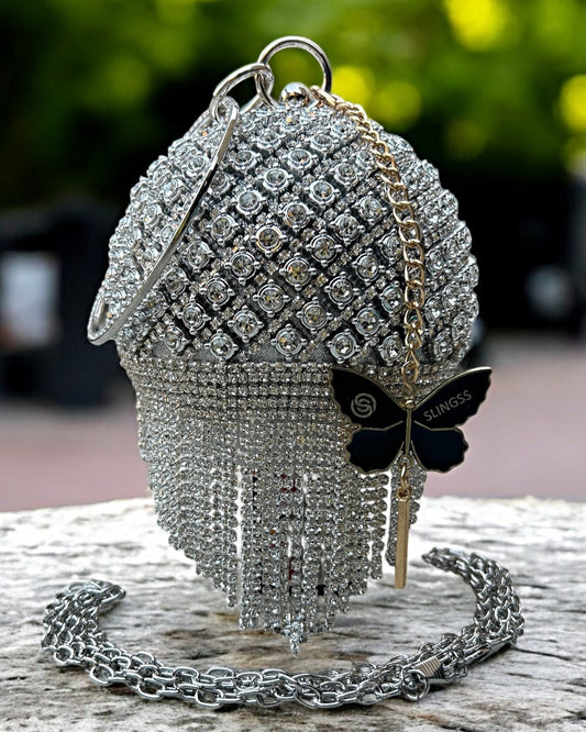 Slingss Exclusive Premium Ball Shaped Partywear Embroidered Clutch For Ladies With Silver Handle & Long Chain