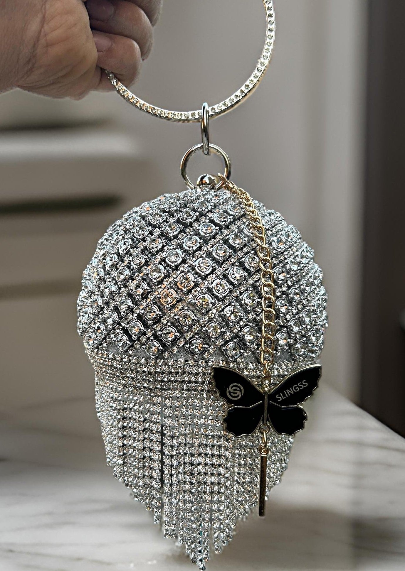 Slingss Exclusive Premium Ball Shaped Partywear Embroidered Clutch For Ladies With Silver Handle & Long Chain