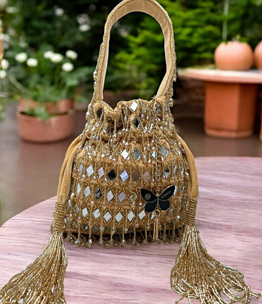 Slingss Exclusive Luxury Range Mirror Embroidered Jhallar Partywear Potli For Ladies With Handle