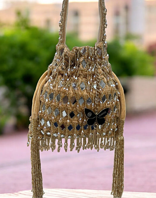 Slingss Exclusive Luxury Range Mirror Embroidered Jhallar Partywear Potli For Ladies With Handle