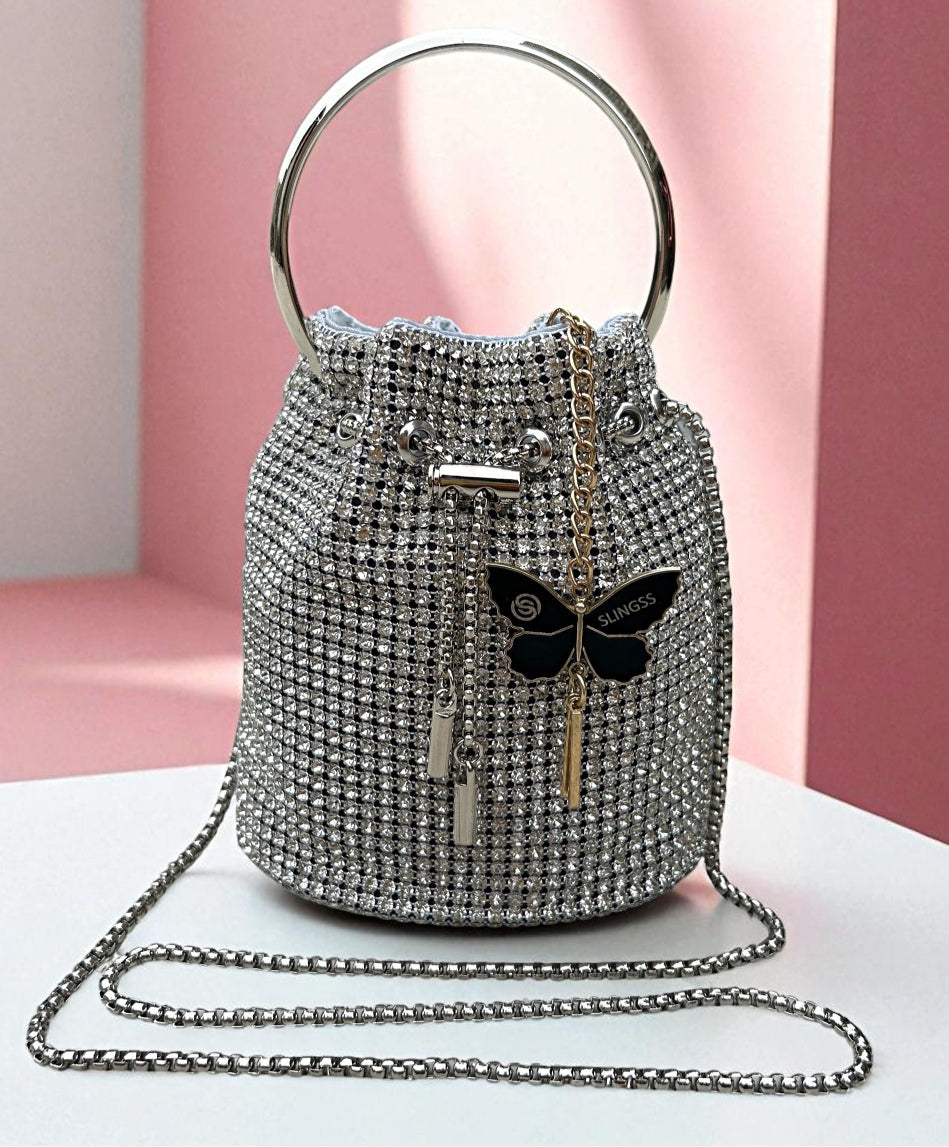 Slingss Exclusive Luxury Range Diamonds Embroidered Partywear Potli Bag For Ladies With Handle & Long Chain