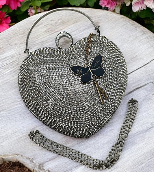Slingss Exclusive Premium Heart Shape Design Partywear Embroidered Clutch For Ladies With Handle & Long Chain