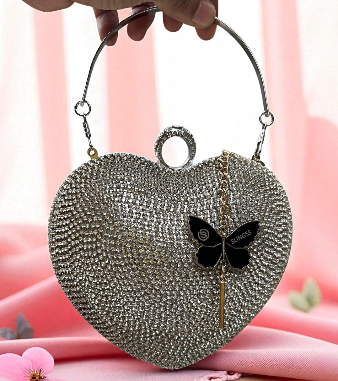 Slingss Exclusive Premium Heart Shape Design Partywear Embroidered Clutch For Ladies With Handle & Long Chain