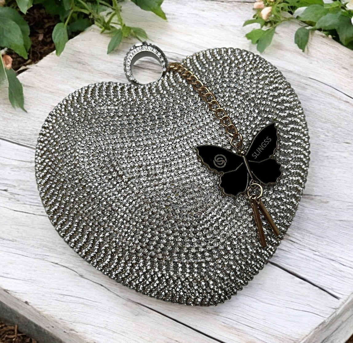 Slingss Exclusive Premium Heart Shape Design Partywear Embroidered Clutch For Ladies With Handle & Long Chain