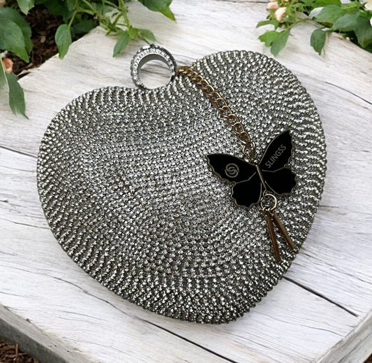 Slingss Exclusive Premium Heart Shape Design Partywear Embroidered Clutch For Ladies With Handle & Long Chain