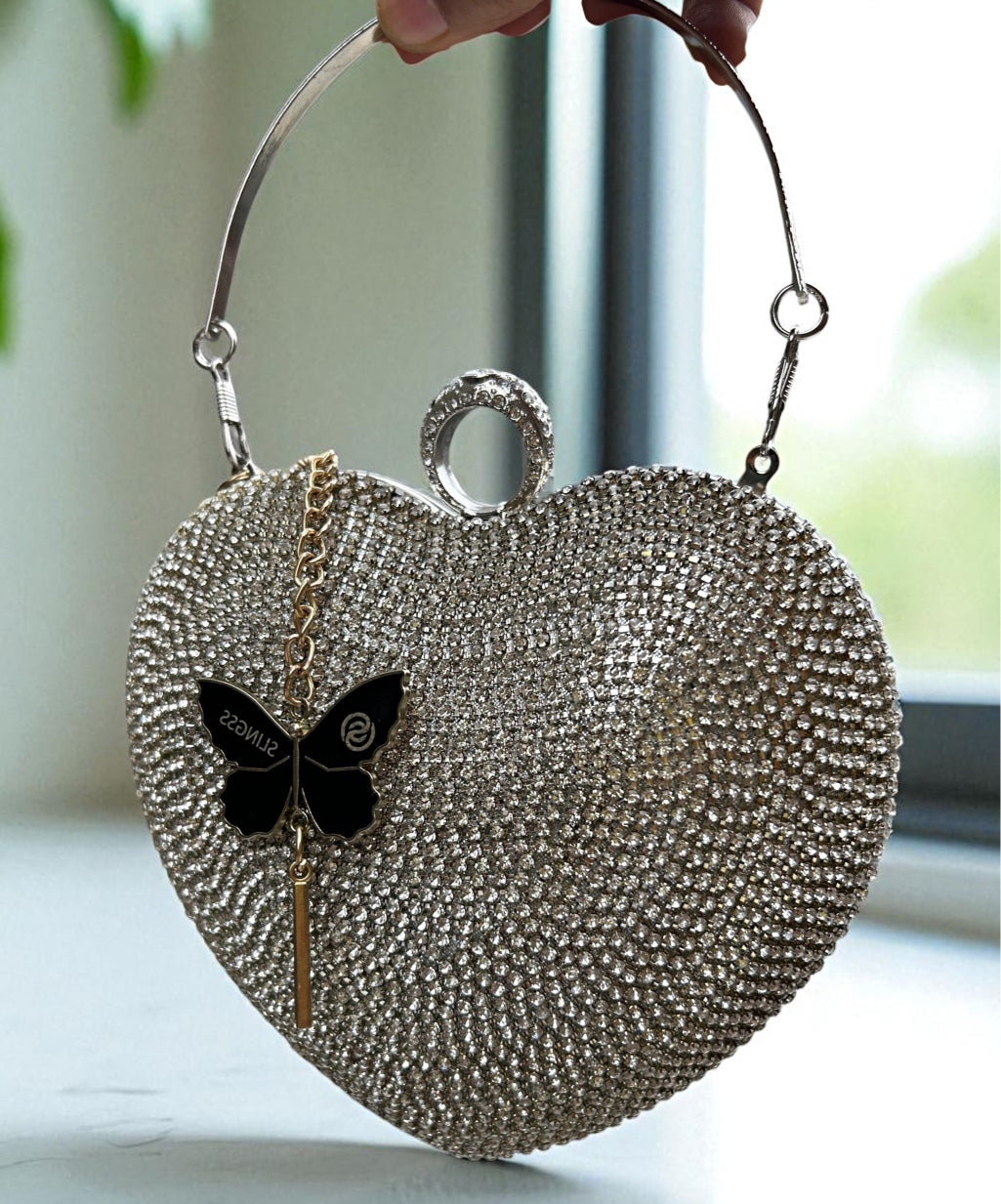 Slingss Exclusive Premium Heart Shape Design Partywear Embroidered Clutch For Ladies With Handle & Long Chain