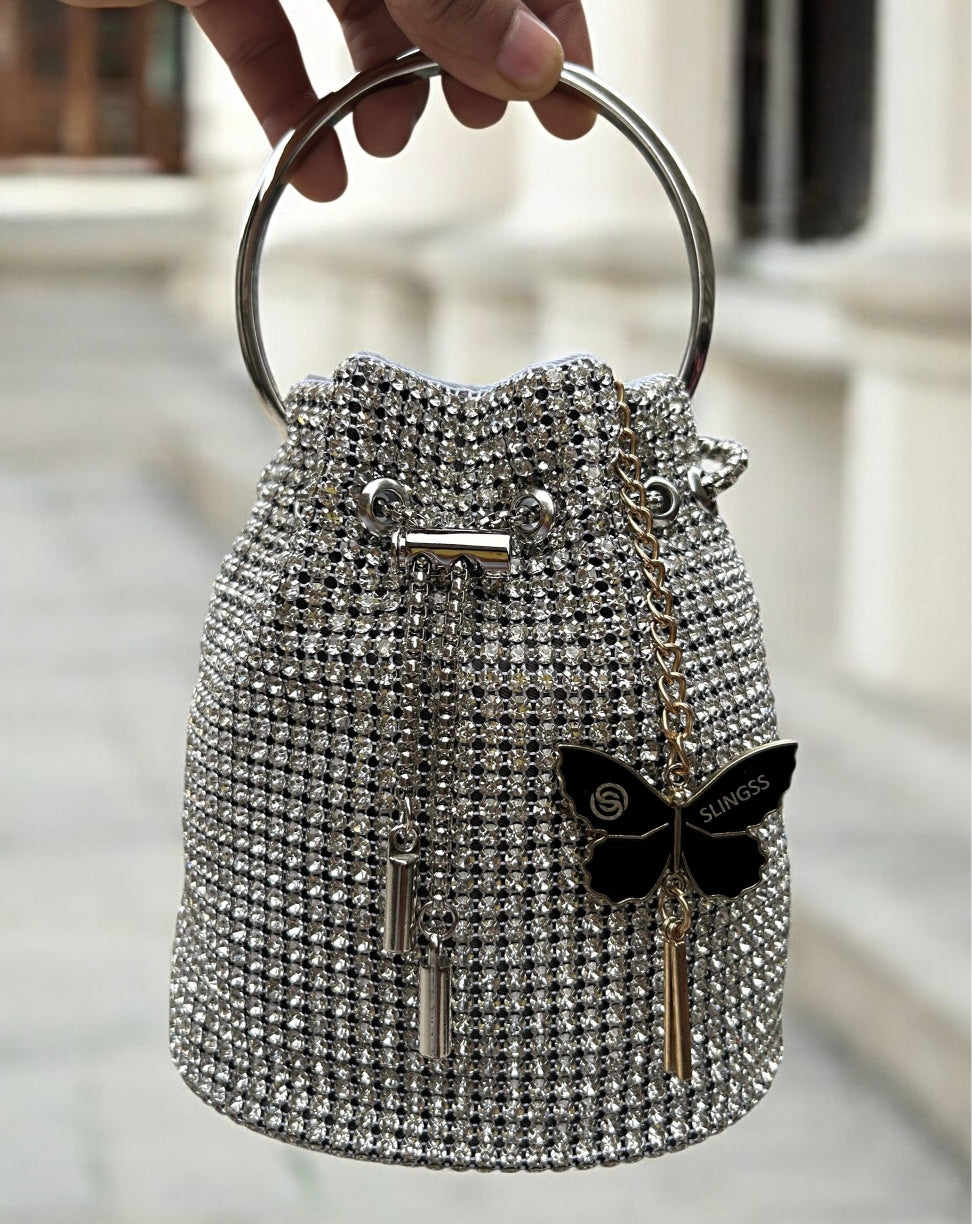 Slingss Exclusive Luxury Range Diamonds Embroidered Partywear Potli Bag For Ladies With Handle & Long Chain