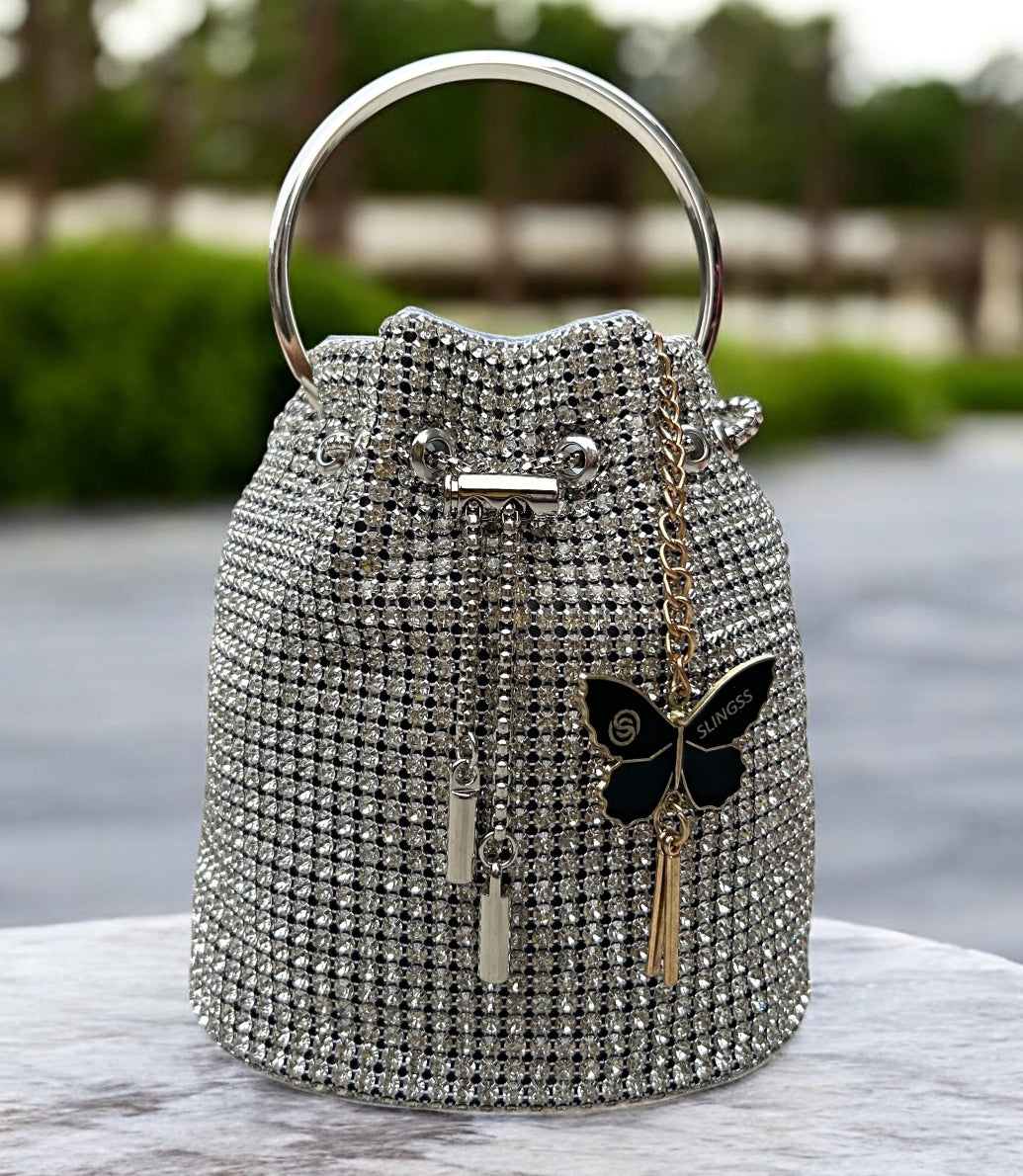 Slingss Exclusive Luxury Range Diamonds Embroidered Partywear Potli Bag For Ladies With Handle & Long Chain