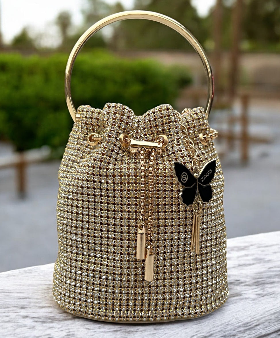 Slingss Exclusive Luxury Range Diamonds Embroidered Partywear Potli Bag For Ladies With Handle & Long Chain