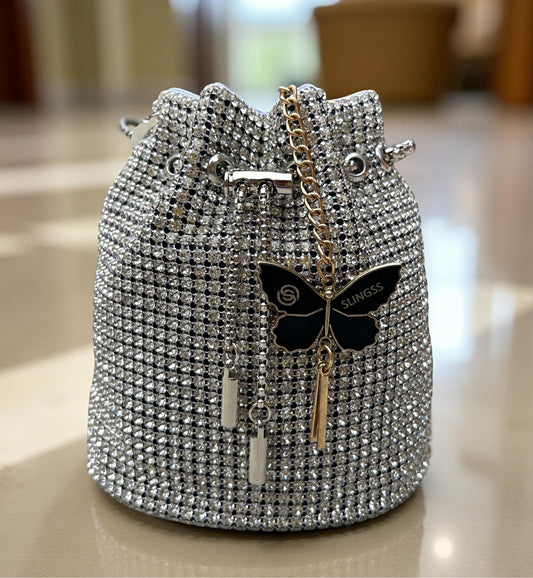 Slingss Exclusive Luxury Range Diamonds Embroidered Partywear Potli Bag For Ladies With Handle & Long Chain