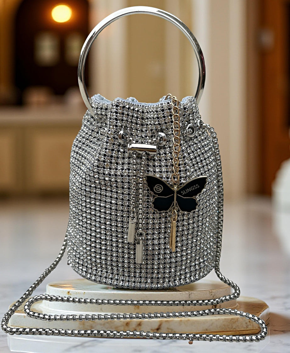 Slingss Exclusive Luxury Range Diamonds Embroidered Partywear Potli Bag For Ladies With Handle & Long Chain